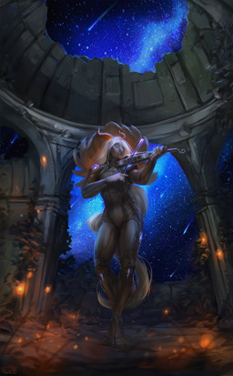 bowed_string_instrument building comet detailed_background eyes_closed female fingers glowing hair horn musical_instrument night outside plant playing_music ruins shrub sky solo star starry_sky string_instrument violin white_hair kuroi-kisin humanoid 2020 digital_media_(artwork) full-length_portrait hi_res portrait