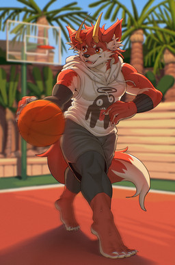 5_toes anthro ball basketball basketball_(ball) biped black_nose clothed clothing countershading detailed_background feet fingers fur hair horn inner_ear_fluff male muscular muscular_anthro muscular_male open_mouth orange_body orange_eyes orange_fur orange_hair outside plant sharp_teeth solo sport standing tail tail_tuft teeth toes tongue tuft white_body white_fur yellow_horn ziran canid canine fox mammal hi_res