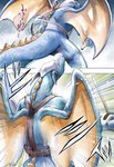 alternate_version_at_source ambiguous_gender armor blue_body blue_scales comic dragon dragon_quest european_mythology feral headgear helmet hi_res holding_melee_weapon holding_object holding_shield holding_sword holding_weapon horn japanese_text long_neck mandrake_major melee_weapon membrane_(anatomy) membranous_wings mythological_creature mythological_scalie mythology nojo rear_view scales scalie semi-anthro shaded shield solo square_enix straps sword tail text translated weapon western_dragon wings