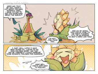 anthro blush blush_lines blush_stickers dialogue duo eyes_closed facial_scar female inner_monologue male open_mouth scar shadow_on_face speech_bubble text thinking yellow_eyes scribzag nintendo pokemon pokemon_mystery_dungeon spike_chunsoft grovyle_the_thief sunflora_(eotds) generation_2_pokemon generation_3_pokemon grovyle pokemon_(species) sunflora 2025 4:3 comic digital_media_(artwork) english_text hi_res