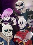 anterior_nasal_aperture bone business_suit clothed clothing gloves grin group handwear hoodie jacket male moon not_furry open_mouth plant pronounced_browridge scarf skeleton smile suit topwear tree jarafia mystery_skulls the_book_of_life the_nightmare_before_christmas undertale undertale_(series) jack_skellington lewis_pepper manolo_sanchez_(the_book_of_life) papyrus_(undertale) sans_(undertale) animated_skeleton undead crossover