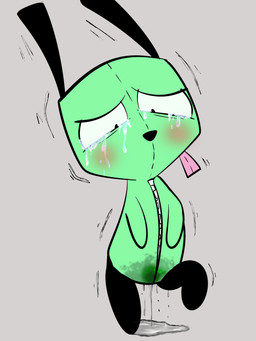 ambiguous_anthro ambiguous_gender anthro arms_in_front black_body blush bodily_fluids clothing costume crying genital_fluids green_body grey_background narrowed_eyes omorashi peeing simple_background tears tongue tongue_out urine urine_on_ground wetting zipper illegaleel invader_zim nickelodeon gir_(invader_zim) canid canine canis domestic_dog mammal 3:4 hi_res source_request