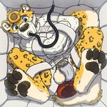 anthro asylum bdsm bondage bound box box_bondage brown_pawpads brown_snout chastity_cage chastity_device container fur glass green_eyes hollow_plug legs_tied lock_symbol male metal_chastity_cage muzzle_(object) muzzled padded_room pawpads paws restraints solo spots straitjacket tail tube yellow_body yellow_fur kemira trevorthejag felid jaguar mammal pantherine 1:1 hi_res