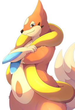 2_tails 3_fingers ambiguous_anthro ambiguous_gender anthro arm_fin black_nose blue_fin crossed_arms dipstick_tail fangs fin fingers fur glistening glistening_eyes grey_eyes light looking_at_viewer markings mouth_closed multi_tail multicolored_body multicolored_fur nude nude_ambiguous nude_anthro orange_body orange_fur orange_tail pupils simple_background smile smirk solo standing tail tail_markings tan_body tan_fur tan_tail tan_tail_tip teeth two_tone_tail white_background yellow_body rumine nintendo pokemon floatzel generation_4_pokemon mammal mustelid pokemon_(species) 2026 hi_res lighting shaded