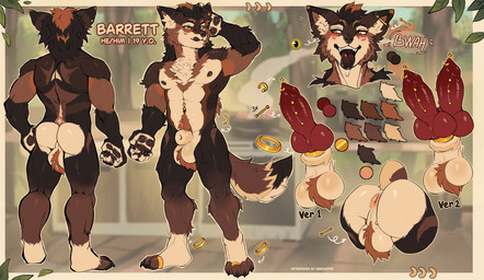 2_penises accessory animal_genitalia anthro anus ass_up athletic backsack ball_tuft balls belly_piercing butt cock_ring cock_ring_behind_knot digit_ring diphallism ear_piercing feet fluffy fluffy_tail fully_sheathed fur fur_markings genital_piercing genitals green_eyes jewelry knot knotted_penis ladder_piercing male markings multi_genitalia multi_penis multicolored_body multicolored_fur navel neck_tuft penis penis_accessory penis_jewelry penis_piercing piercing prince_albert_piercing ring saggy_balls sheath solo tail toe_ring toes tongue tongue_out tuft sennpaw barret_(dutchleopard) canid canine canis mammal wolf absurd_res hi_res model_sheet