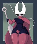 anthro black_body bulge cloak clothing crossgender exoskeleton femboy ftm_crossgender gloves hand_on_hip handwear holding_object holding_weapon horn legwear male sewing_needle solo string thick_thighs thigh_highs weapon poraka7 hollow_knight team_cherry hornet_(hollow_knight) arthropod hi_res