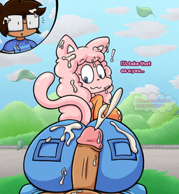 anthro big_butt big_penis blue_clothing blue_eyes blue_shirt blue_topwear bodily_fluids bottomwear breasts butt clothed clothed_hotdogging clothing cum cum_in_hair cum_on_breasts cum_on_butt cum_on_face cum_on_own_face cum_on_self denim denim_bottomwear denim_clothing dialogue duo exclamation_point eyewear female first_person_view genital_fluids genitals glasses hair hot_dogging huge_butt huge_penis human_pov jeans male male/female male_pov orange_clothing orange_shirt orange_topwear outside pants penis pink_body pink_hair sex shirt t-shirt tan_body tan_skin teeth topwear spicyredacted sarah_kattina_(spicysierra) sierra_(spicysierra) domestic_cat felid feline felis goo_creature human mammal hi_res