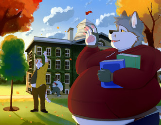 anthro autumn belly book clothing cloud fur grass greeting grey_body grey_fur group hoodie male outside overweight overweight_anthro overweight_male pawpads pink_pawpads plant red_clothing red_hoodie red_topwear school sky sprinting standing tail topwear tree trio university white_body white_fur yellow_sclera okaeri canid canine canis felid feline mammal wolf absurd_res hi_res