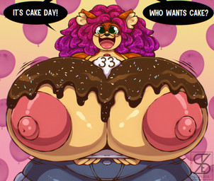 anthro areola big_areola big_breasts big_nipples bottomwear breasts clothed clothing exclamation_point eyewear female frosting frosting_on_breasts glasses hair huge_breasts hyper hyper_breasts looking_at_viewer multicolored_body multicolored_hair nipples open_mouth pink_areola pink_nipples question_mark shorts solo speech_bubble text topless two_tone_body two_tone_hair superix superia canid canine canis domestic_dog mammal english_text hi_res
