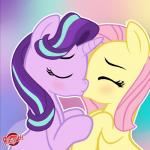 1:1 duo earth_pony equid equine eyes_closed female feral fluttershy_(mlp) friendship_is_magic hair hasbro hi_res hooves horn horse kiss_on_lips kissing mammal multicolored_hair my_little_pony mythological_creature mythological_equine mythology pony ribiruby starlight_glimmer_(mlp) unicorn
