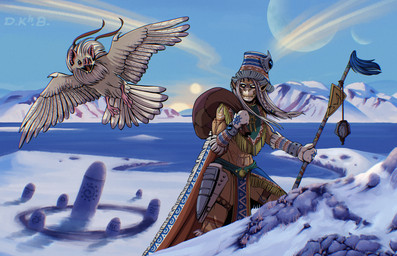 clothed clothing female flying footwear fur gloves hair handwear multiple_moons sack snow solo staff weapon cringehog avian bat bird humanoid mammal orc absurd_res hi_res