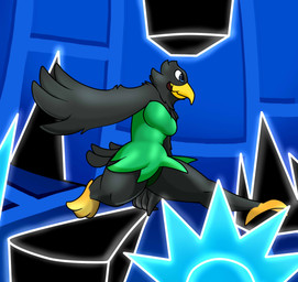 anthro avian_feet beak big_breasts big_tail black_body black_feather_hair black_feathers block blue_eyes breasts cleavage clothed clothing curvy_figure detailed_background dress feather_hands feathered_wings feathers feet female game_background male panties running saw solo spikes spread_legs spreading tail tail_feathers thigh_gap tongue tongue_out tools underwear wings yellow_beak yellow_feet twtr geometry_dash dash_the_raven avian bird corvid corvus_(genus) humanoid oscine passerine raven hi_res
