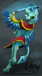 4_ears anthro blue_body blue_feathers clothing countershading dewclaw digitigrade feathered_wings feathers female green_body green_eyes laser_sword multi_ear poncho solo weapon winged_arms wings gyrotech omny87 luvashi avali avian