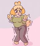 anthro blush bodily_fluids breasts clothed clothing double_v_sign female fur gesture hand_gesture knock-kneed looking_at_viewer omorashi shaking simple_background smile solo standing sweat trembling v_sign yellow_body yellow_fur tinycatmom animal_crossing nintendo isabelle_(animal_crossing) canid canine canis domestic_dog mammal shih_tzu toy_dog 2015 digital_media_(artwork)