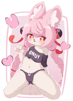 accessory anthro blush braided_hair clothed clothing crop_top ear_piercing ear_ring female hair hair_accessory kneeling navel off_shoulder open_mouth panties piercing pink_body pink_hair red_eyes ring_piercing shirt smile solo text topwear underwear young nanakoko mihoyo zenless_zone_zero zhao_(zenless_zone_zero) lagomorph leporid mammal rabbit absurd_res hi_res