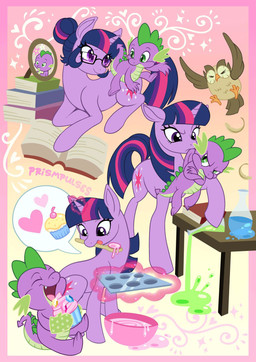 baking_tray beaker book cupcake eyewear female feral food glasses group grumpy horn laboratory_equipment laboratory_glassware male photo scientific_instrument spoon_in_mouth trio prismpulses friendship_is_magic hasbro my_little_pony mythology owlowiscious_(mlp) spike_(mlp) twilight_sparkle_(mlp) avian bird dragon equid equine mammal mythological_creature mythological_equine mythological_scalie owl scalie unicorn hi_res