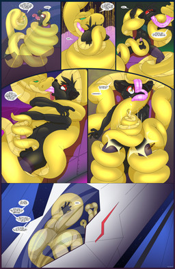ambiguous_gender anthro balls black_body black_fur black_hair coiling deep_throat dialogue duo feral french_kissing fur genitals green_eyes hair kissing looking_pleasured male multicolored_body nude onomatopoeia open_mouth oral oral_penetration penetration penis serpentine sex size_difference sound_effects space spacecraft star star_eyes tail tail_around_penis tail_fetish tail_play tail_sex tailjob teeth text tongue tongue_out vehicle yellow_body tacokurt zac_(shikanaconda) canid canine canis mammal reptile scalie snake wolf comic digital_media_(artwork) english_text hi_res