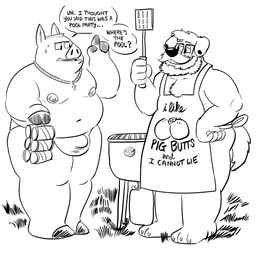 alcohol anthro apron apron_only backyard beard beer beverage beverage_can black_nose bodily_fluids bulge butt clothing cross dialogue duo ear_piercing eyewear facial_hair glasses hand_on_hip hooves imminent_vore jewelry male mustache nervous nipples piercing smile smirk spatula speech_bubble sweat sweatdrop text tools wearing_glasses billy_fore kon_shearo bird_dog canid canine canis domestic_dog domestic_pig golden_retriever hunting_dog mammal retriever suid suine sus_(pig) 1:1 absurd_res english_text hi_res monochrome sketch