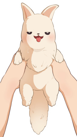 :3 ambiguous_gender bedroom_eyes blush bodily_fluids feral fluffy fluffy_tail holding_another narrowed_eyes open_:3 seductive simple_background sweat tail tongue tongue_out white_background white_body terzeebo ziterbo honkai:_star_rail mihoyo peppy_(honkai:_star_rail) canid canine canis domestic_dog human mammal absurd_res hi_res
