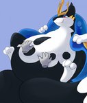 2022 2_tails ambiguous_gender belly belly_rub belly_squish black_body black_fur blue_background claws digital_drawing_(artwork) digital_media_(artwork) disembodied_hand duo empoleon fangs feet feral floatzel fur fur_pattern generation_4_pokemon hand_on_belly hi_res high-angle_view hybrid_pokemon legs_up lying melee_weapon multi_tail multicolored_body multicolored_fur narrowed_eyes nintendo on_back overweight overweight_ambiguous overweight_feral pokemon pokemon_(species) polearm red_eyes semi-anthro simple_background smile soles solo_focus squish tail teeth trident two_tone_body two_tone_fur weapon white_body white_fur xeniyy