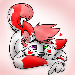 anthro biped black_nose claws eyebrows fur green_eyes hair heart_symbol heterochromia looking_at_viewer lying male nude pink_eyes simple_background smile solo white_body white_fur backsash sash_(backsash) canid canine canis domestic_dog husky mammal nordic_sled_dog spitz 1:1 2013 hi_res