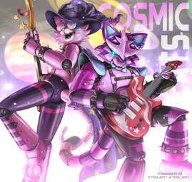 ankle_cuffs anthro anthrofied back_to_back bell bell_collar biped black_sclera blue_body blue_nose blue_tongue bracelet cape clothing collar cuff_(restraint) duo ear_piercing ear_ring electric_guitar eyewear facial_markings glasses glistening glistening_body guitar harness hat head_markings headgear headwear heart_(marking) holding_guitar holding_musical_instrument holding_object jewelry machine male markings multicolored_body musical_instrument open_mouth open_smile piercing pink_body playing_guitar playing_music plucked_string_instrument purple_body purple_clothing purple_hat purple_headwear restraints ring_piercing rock_band rocking_out sharp_teeth smile spiked_bracelet spikes star_pattern string_instrument striped_markings stripes teeth text tongue tongue_out whiskers white_body wizard_hat tera_art five_nights_at_freddy's five_nights_at_freddy's:_security_breach nintendo pokemon scottgames steel_wool_studios august_(meowmcmeow) fan_character gao_(meowmcmeow) animatronic domestic_cat felid feline felis generation_7_pokemon mammal pokemon_(species) robot torracat absurd_res digital_media_(artwork) english_text hi_res watermark
