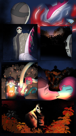 anthro arm_over_shoulder blood blue_body blue_scales bodily_fluids bone_frill brown_hair bubble_butt butt corpse death eyelashes eyes_closed female female_death forest frill_(anatomy) green_body green_scales grey_body grey_skin group hair head_crest head_frill hockey_mask horror_(theme) imminent_death kissing lake long_neck long_tail magenta_body magenta_hair magenta_scales male male/female male_death mask mostly_submerged multicolored_body multicolored_scales neck_frill night nude nude_female nude_male outside plant red_body red_scales scales short_hair snaggle_teeth snout spiked_tail spikes spikes_(anatomy) sports_mask sportswear tail tan_body tan_scales teal_eyes tree turquoise_body turquoise_scales two_tone_body two_tone_scales wet wet_tail white_body white_scales fuegosonic93 cavemanon_studios friday_the_13th_(series) i_wani_hug_that_gator benjamin_mcknight damien_payne jason_voorhees liz_farlane mia_moretti brachiosaurid brachiosaurus dilophosaurid dilophosaurus dinosaur hadrosaurid humanoid hybrid macronarian ornithischian ornithopod parasaurolophus prehistoric_species reptile saurischian sauropod sauropodomorph scalie spinosaurid spinosaurus theropod undead 2025 4k 9:16 absurd_res comic crossover digital_drawing_(artwork) digital_media_(artwork) hi_res