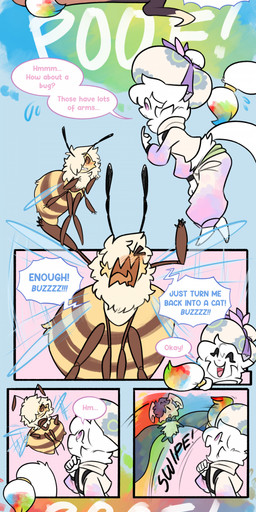 4_arms ambiguous_gender annoyed anthro bedroom_eyes big_hat blood blush blush_lines bodily_fluids chibi clothing coiling coiling_another cross-popping_vein crossed_arms dialogue duo exclamation_point flirting heart_pupils heart_symbol holding_tail hug magic multi_arm multi_limb narrowed_eyes nosebleed paint petting seductive shirt sitting sitting_on_another sound_effects speech_bubble surprised tail teasing text topwear transformation transformation_through_magic tunic yelling eclairscollection nintendo pokemon shai_(shaimin) arthropod bee felid feline generation_1_pokemon generation_2_pokemon hymenopteran insect lagomorph leporid mammal meowstic_(female) pokemon_(species) rabbit raichu reptile scalie smeargle snake absurd_res comic english_text hi_res long_image tall_image