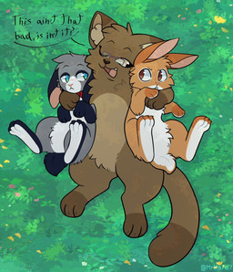 3_fingers 3_toes ambiguous_gender annoyed anthro black_body black_fur blush brown_body brown_fur eyewear fangs feet fingers fur glasses grass grey_body grey_fur group happy hug looking_at_another lying necktie on_back open_mouth orange_body plant red_necktie soles speech_bubble tail teeth text toes trio unimpressed mr.hp domestic_cat felid feline felis lagomorph leporid mammal rabbit 2025 english_description english_text hi_res
