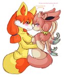 anthro blue_eyes blush breast_squish breasts brown_eyes cheek_tuft dialogue dipstick_tail duo eyelashes facial_tuft featureless_breasts female female/female female_anthro fluffy fluffy_tail fur gloves_(marking) hair hip_fluff hip_tuft inner_ear_fluff looking_back markings medium_breasts nude nude_anthro nude_female orange_hair orange_inner_ear_fluff pink_hair ribbons_(anatomy) simple_background small_breasts squish tail tail_markings text tuft white_body white_fur yellow_body yellow_fur takame nintendo pokemon eeveelution fennekin generation_6_pokemon pokemon_(species) sylveon english_text