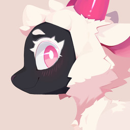 ambiguous_form ambiguous_gender blush blush_lines dark_body dark_skin eyelashes fur horn looking_at_viewer pink_eyes pink_horn sheep_ears simple_background solo sunrise white_body white_eyelashes white_fur jadegtaylor bovid caprine mammal sheep 1:1 flat_colors hi_res