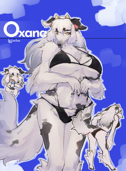 anthro belly_tuft big_breasts black_clothing black_swimwear bottle bottomwear breasts clothed clothing container female female_anthro floppy_ears fluffy fluffy_tail fur hair hand_on_belly horn long_hair looking_at_viewer markings milk milk_bottle milk_container nails navel navel_tuft neck_tuft open_mouth pose simple_background solo spots spotted_body spotted_fur swimwear tail thick_thighs tuft white_body white_fur yellow_eyes tetto oxana_(cowface) borzoi bovid bovine canid canine canis cattle dairy_cattle domestic_dog holstein_friesian_cattle hunting_dog hybrid mammal sighthound absurd_res colored digital_drawing_(artwork) digital_media_(artwork) full-length_portrait hi_res portrait three-quarter_portrait