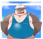 anthro belly blue_eyes blush brown_body brown_fur clothing fur hat headgear headwear male musclegut muscular nipples one_eye_closed overweight overweight_anthro overweight_male pecs shirt solo tank_top topwear wink aotoaka mammal mustelid otter 2021 hi_res