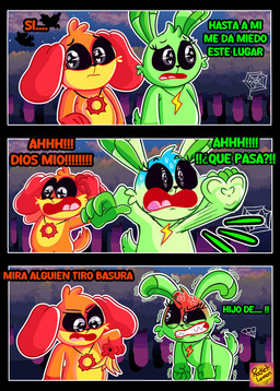 angry anthro cross-popping_vein duo female green_body male orange_body scared text rocketlennon mob_entertainment poppy_playtime smiling_critters dogday_(poppy_playtime) hoppy_hopscotch canid canine canis domestic_dog lagomorph leporid mammal rabbit absurd_res comic hi_res spanish_text