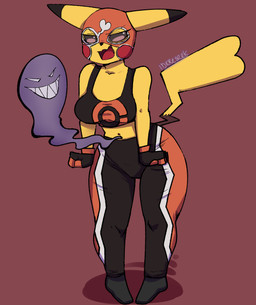 angry anthro bra clothing cosplay_pikachu_(costume) curse cursed_object duo female flustered lucha_libre_mask mask midriff navel navel_fetish navel_piercing piercing simple_background smug smug_face smug_grin solo sports_bra sports_mask sportswear tsundere underwear wrestling_mask reirek nintendo pokemon pikachu_libre generation_1_pokemon ghost mammal pikachu pokemon_(species) rodent spirit absurd_res hi_res