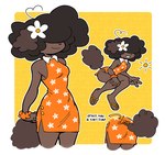 accessory ahoge anthro border bottomwear brown_body brown_hair brown_skin brown_tail clothing collared_dress directional_arrow dress female flip_flops flower flower_in_hair flower_symbol fluffy fluffy_tail footwear furgonomic_bottomwear furgonomic_dress furgonomics gesture hair hair_accessory hand_gesture hands_together obscured_eyes orange_clothing orange_dress plant sandals shoes simple_background smile solo standing sun_symbol tail text v_sign white_border yellow_background niceupdog canid canine canis domestic_dog mammal 2020 digital_media_(artwork) english_text hi_res
