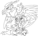 ahoge anthro claws duo feet female hair kerchief male mask neck_tuft neckerchief neckwear quad_skates roller_skates safety_pin talons toes tuft wings zipper shiki_digi bandai_namco digimon avian bird digimon_(species) galemon mammal rodent sciurid shoeshoemon tree_squirrel line_art monochrome