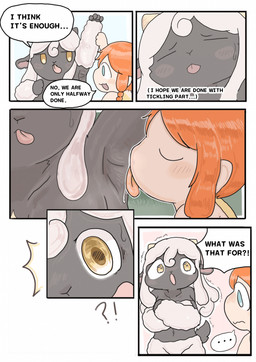 armpit_fetish black_body black_nose blue_eyes dialogue duo female female/female hair horn orange_hair shy text white_hair yellow_eyes ganghandog palworld pocketpair human lamball mammal pal_(species) comic english_text