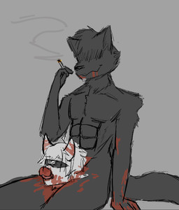 black_body black_fur blood blood_in_mouth blood_on_face bodily_fluids cigarette death decapitation duo fur genitals gore gore_focus horn male neck_penetration necrophilia penis penis_in_mouth severed_body_part severed_head white_body syn924_(artist) syn_(syn924) canid canine canis cyclops kipino_cyclops mammal wolf