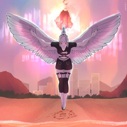 amber_eyes anthro beach black_clothing black_shirt black_topwear blue_body bodily_fluids bone_frill city city_background claws clothed clothed_anthro clothing collar crying day detailed_background elbow_feathers feathered_wings feathers female finger_claws fingers fishnet_clothing fishnet_legwear frill_(anatomy) front_view grey_body grey_feathers grey_hair hair humanoid_hands imminent_death legwear long_hair markings meteor mountain outside pose sea shirt solo spiked_collar spikes standing striped_markings stripes tears tiptoes topwear water wings parabellux goodbye_volcano_high ko_op_(game_developer) fang_(gvh) prehistoric_species pterosaur reptile scalie 1:1 2025 absurd_res colored digital_media_(artwork) full-length_portrait hi_res portrait shaded