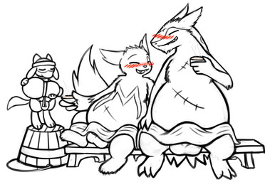 alcohol balls bath bathhouse bench beverage blush bulge feral genitals gourd group male on_bench sake sauna scar semi-anthro slightly_chubby towel krixata nintendo pokemon generation_2_pokemon generation_3_pokemon generation_4_pokemon pokemon_(species) riolu typhlosion zangoose hi_res monochrome
