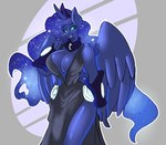 anthro anthrofied big_breasts blue_body blue_feathers breasts cleavage clothed clothing dress feathers female horn solo sparkles wings solratic friendship_is_magic hasbro my_little_pony mythology princess_luna_(mlp) equid equine mammal mythological_creature mythological_equine winged_unicorn hi_res