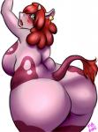 anthro big_breasts big_butt breasts butt carmella female green_eyes hair horn raised_tail red_hair simple_background solo spots tail white_background wide_hips alterkitten bovid bovine cattle mammal hi_res