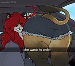 anthro butt car car_interior clothed clothing duo female female/female fur hair inside_car inside_vehicle long_hair looking_at_viewer ordering_food overweight red_hair text thick_thighs vehicle wide_hips mexifurfoof he_wants_to_order snapchat lucy_(mexifurfoof) maple_(mexifurfoof) canid canine felid fox lion mammal pantherine 2022 digital_drawing_(artwork) digital_media_(artwork) english_text meme