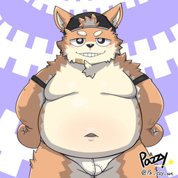 anthro belly blush briefs brown_body brown_fur bulge clothing fur hat headgear headwear male moobs navel overweight smile smug solo underwear pa_zzy_art canid canine canis domestic_dog mammal absurd_res hi_res