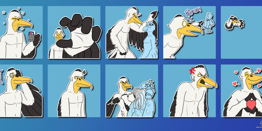 ambiguous_gender anthro avian_feet beak binoculars biped black_body black_feathers blue_body brown_eyes cleaning_tool crotch_tuft duo feathers gesture hand_gesture heart_gesture heart_symbol male male/male male_anthro mop nude pointing pointing_at_another purple_eyes solo telegram_sticker text tuft white_body white_feathers yellow_beak codyf0xx pelican_(character) ych_(character) avian bird pelecaniform pelican english_text hi_res multiple_images
