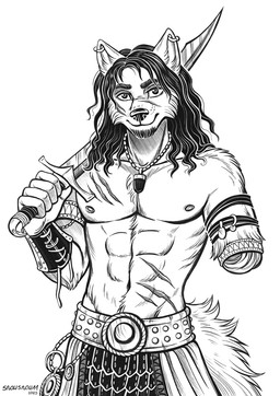 5_fingers amputee anthro bare_chested clothed clothing disability ear_piercing ears_up fingers fluffy fluffy_tail holding_melee_weapon holding_object holding_sword holding_weapon holidays jewelry male melee_weapon missing_arm necklace one_arm one_arm_warmer piercing scar solo standing sword sword_drawn tail topless topless_anthro topless_male weapon snowsnow11 halloween canid canine canis mammal hi_res monochrome