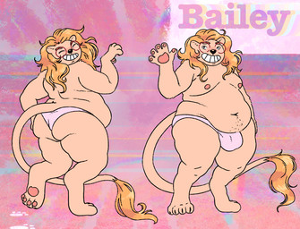 4_toes 5_fingers anthro belly big_bulge blonde_hair body_hair bulge chest_hair clothed clothing detailed_bulge eyes_closed eyewear feet fingers fur glasses hair long_hair male male_anthro mostly_nude multiple_angles nipples overweight overweight_anthro overweight_male pantsless paws purple_clothing purple_thong purple_underwear red_eyewear red_glasses smile solo tail text thong toes topless topless_male tuft underwear pocket-deer-art agnes_&_hilda patricia_taxxon bailey_(patricia_taxxon) felid lion mammal pantherine digital_drawing_(artwork) digital_media_(artwork) english_text model_sheet female_(lore) trans_(lore) trans_woman_(lore)