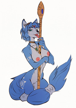 anthro areola arm_tattoo blue_body blue_eyes blue_fur blue_hair breasts female forehead_gem fur gem genitals hair jewelry krystal's_staff leg_tattoo licking long_tail looking_at_viewer necklace nipples nude nude_female snout solo staff stick tail tattoo tongue tribal tribal_tattoo vulva evulart nintendo star_fox krystal_(star_fox) canid canine cerinian fox mammal 2025 absurd_res hi_res