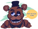 ambiguous_gender anthro black_bow_tie black_clothing black_hat black_headwear blue_eyes bow_tie brown_body clothing dialogue freckles glistening_eyelids hat headgear headwear looking_away machine open_mouth solo speech_bubble talking_to_viewer teeth text skylordlysander five_nights_at_freddy's scottgames freddy_(fnaf) animatronic bear mammal robot ursine digital_media_(artwork) english_text headshot_portrait portrait reaction_image